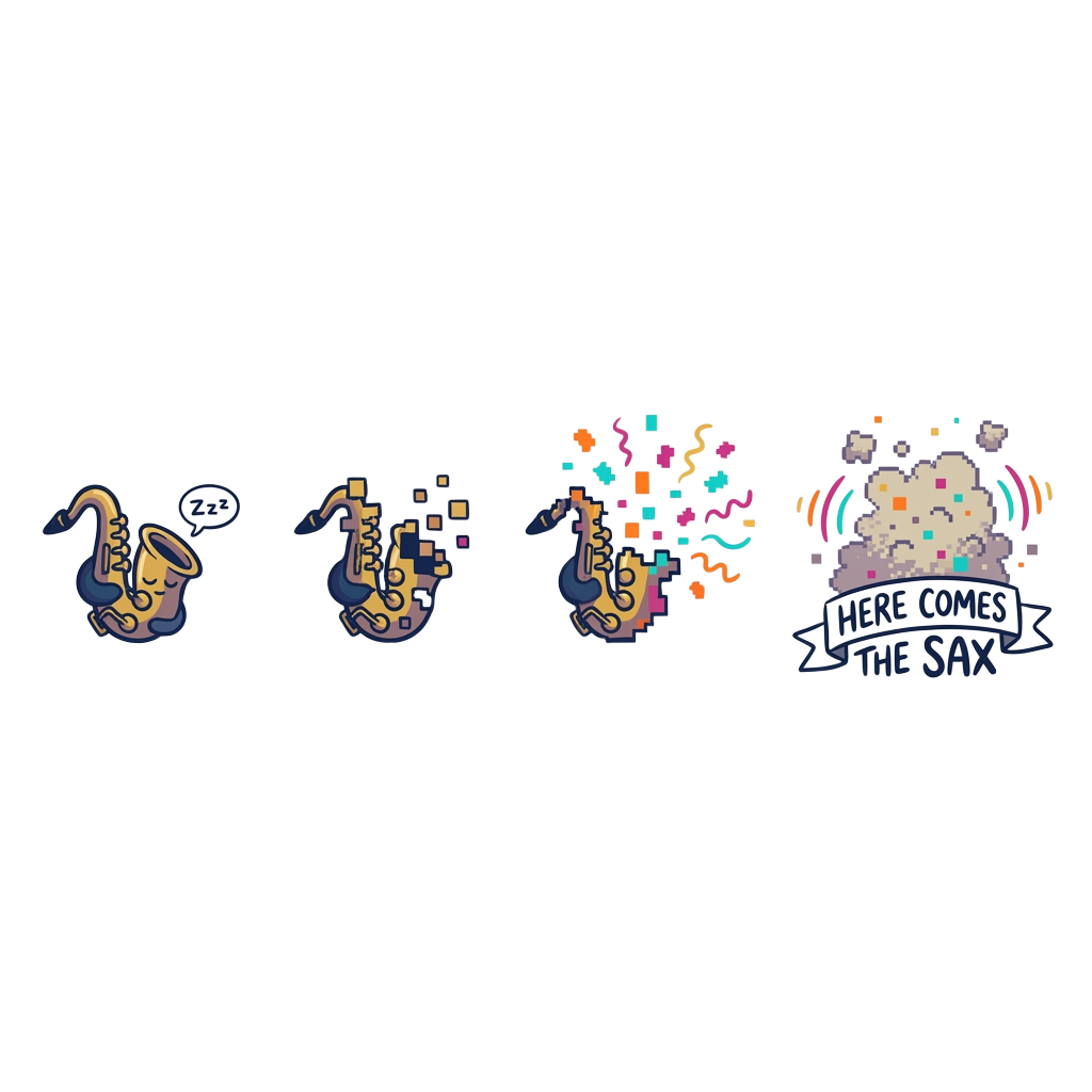 Custom sticker: A tiny cartoon saxophone quietly snoozing, then exploding into colorful pixels and soundwaves, with t...