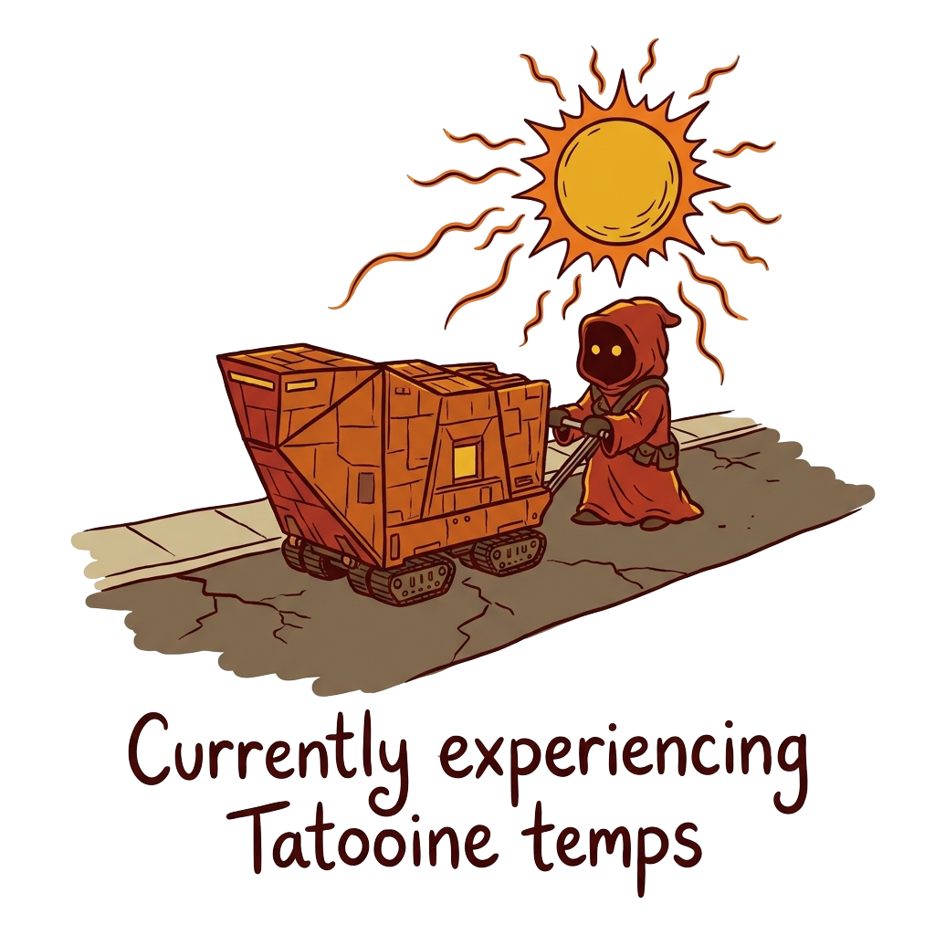 Custom sticker: A line drawing of a sandcrawling Jawa crossing a suburban driveway under a blazing sun, with the word...