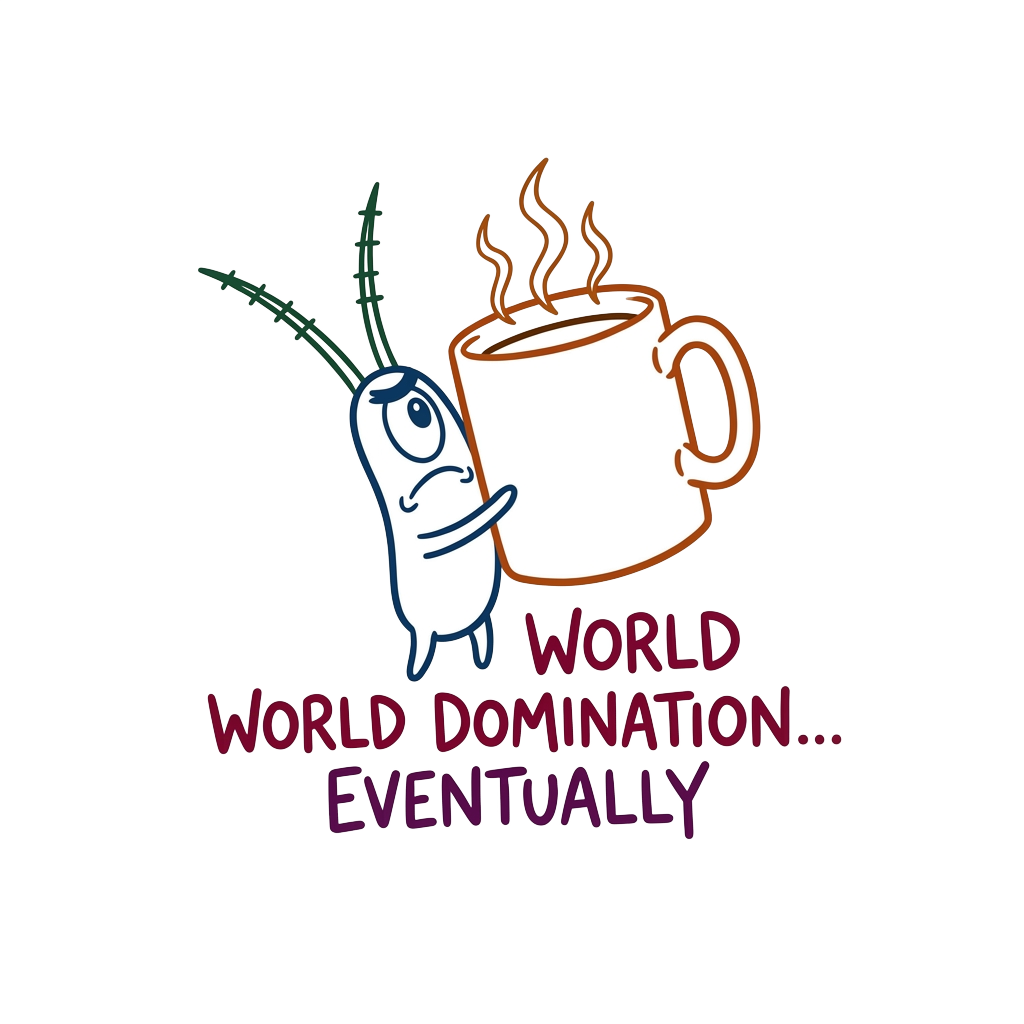 Custom sticker: A minimalist line-art depiction of Plankton holding an oversized coffee mug, with the words "World do...