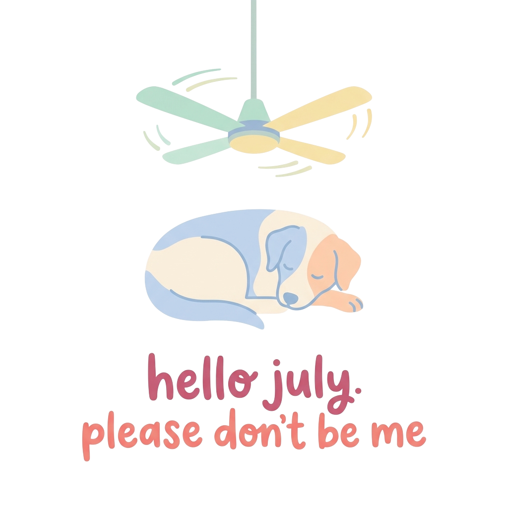 Custom sticker: A minimalist illustration of a sleepy dog resting under a ceiling fan, rendered in soft pastel tones,...