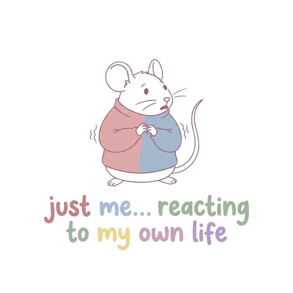 Custom sticker: A minimalist line-art mouse in a two-tone sweater with tiny trembling hands clasped, illustrated in s...