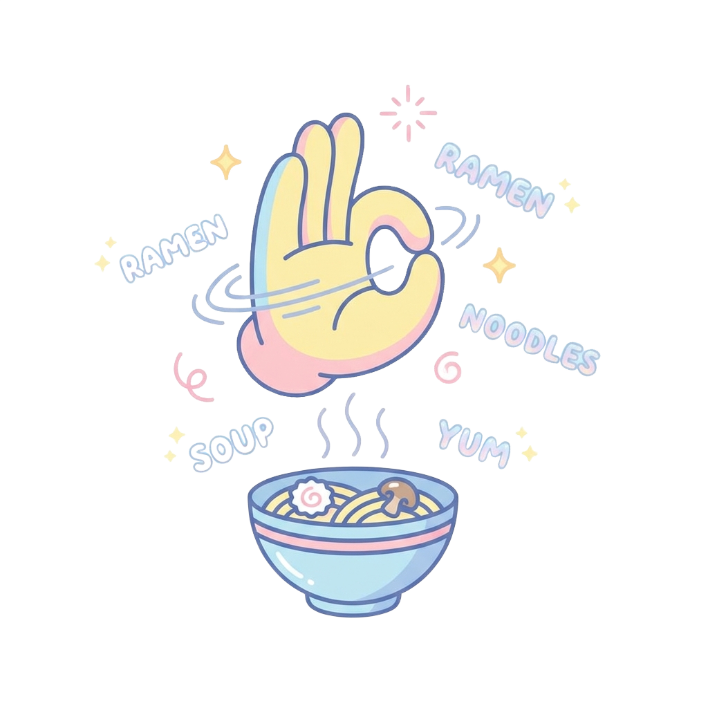 Custom sticker: A minimalist cartoon hand doing an anime-style pose, summoning a tiny ramen bowl with pastel sparkles...