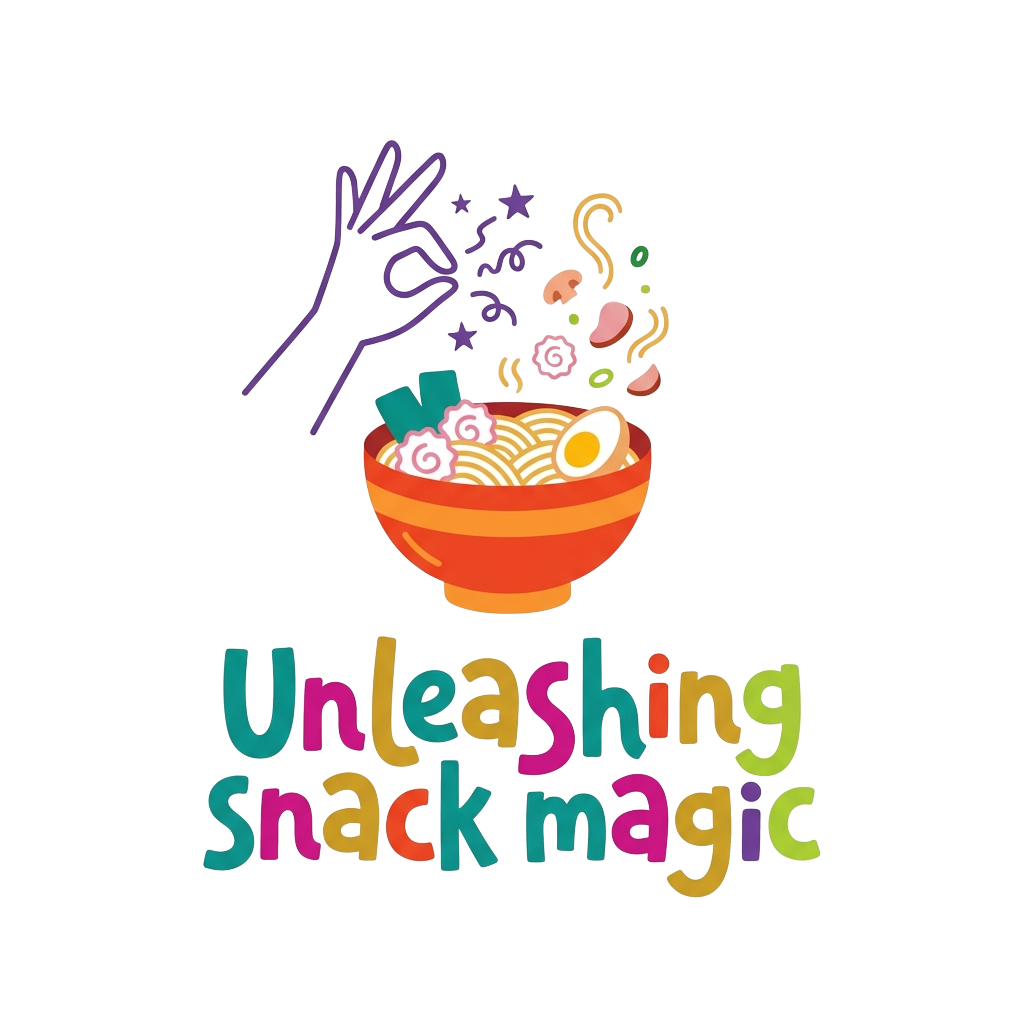Custom sticker: A stick-figure hand in a summoning gesture above a ramen bowl, with the words "Unleashing snack magic...