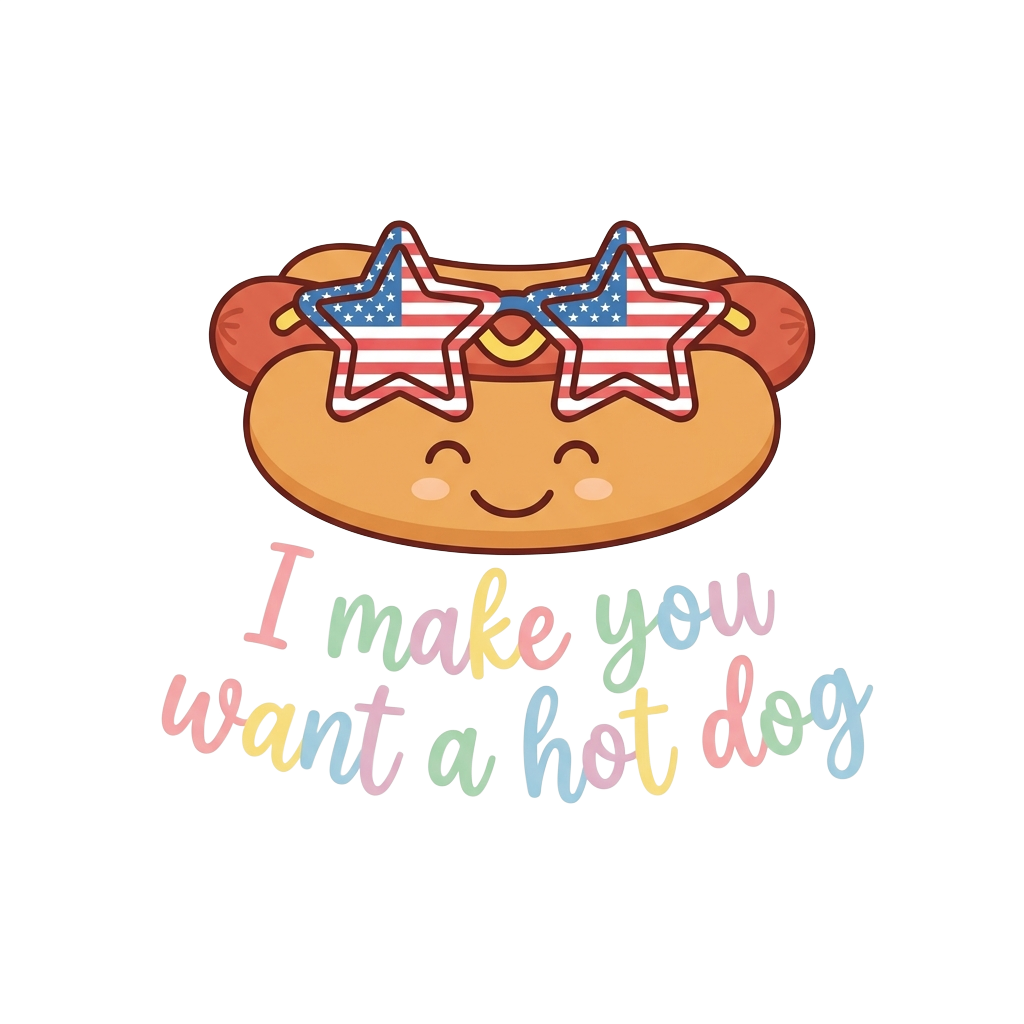 Custom sticker: A kawaii hot dog wearing star-spangled shades, with the words "I make you want a hot dog" hand-letter...