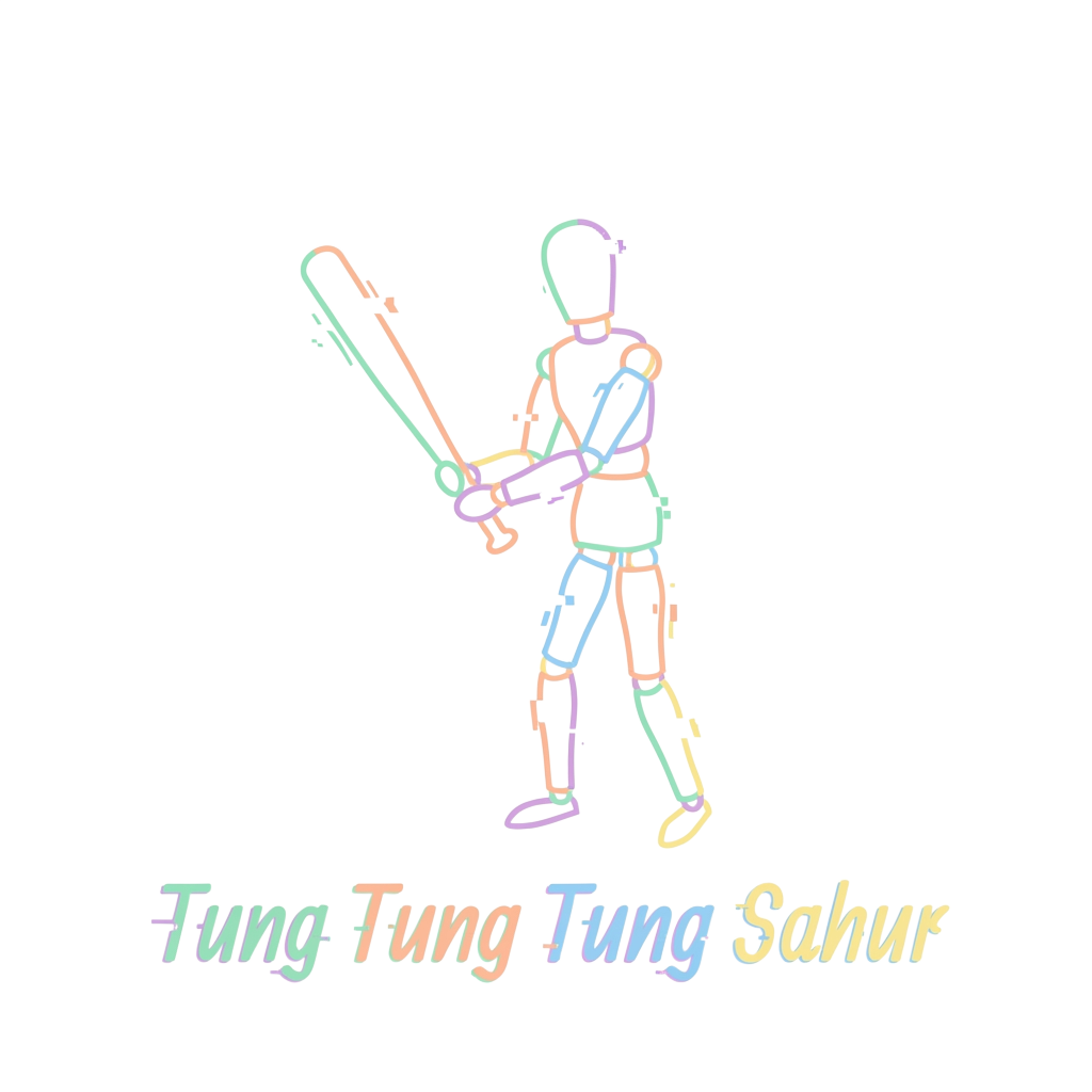 Custom sticker: A minimal line drawing of a wooden stick-figure with a baseball bat, rendered in glitchy pastel color...