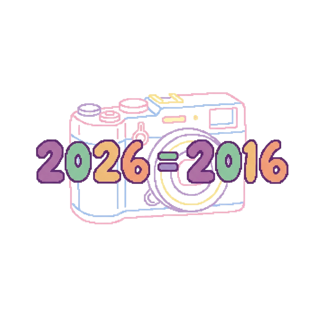 Custom sticker: A pastel-lined low-res digital camera motif with chunky bubble font reading "2026 = 2016" hand-letter...