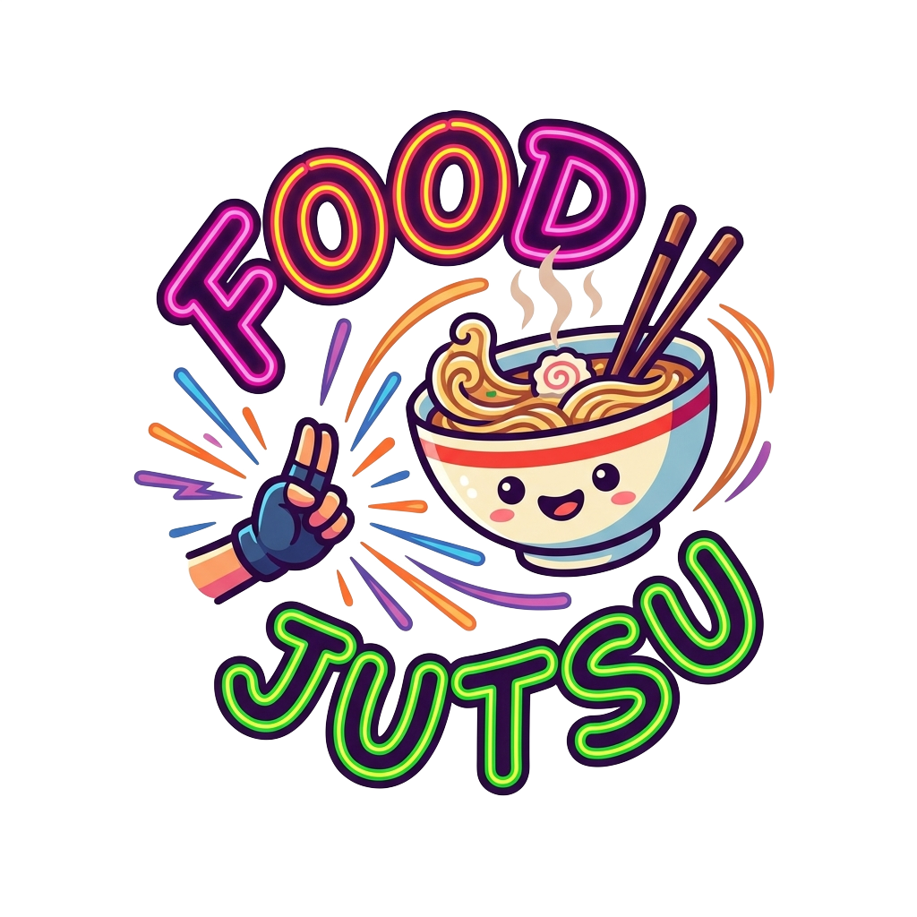 Custom sticker: A tiny stylized hand in a martial arts pose, summoning a kawaii ramen bowl, with the words "Food Juts...