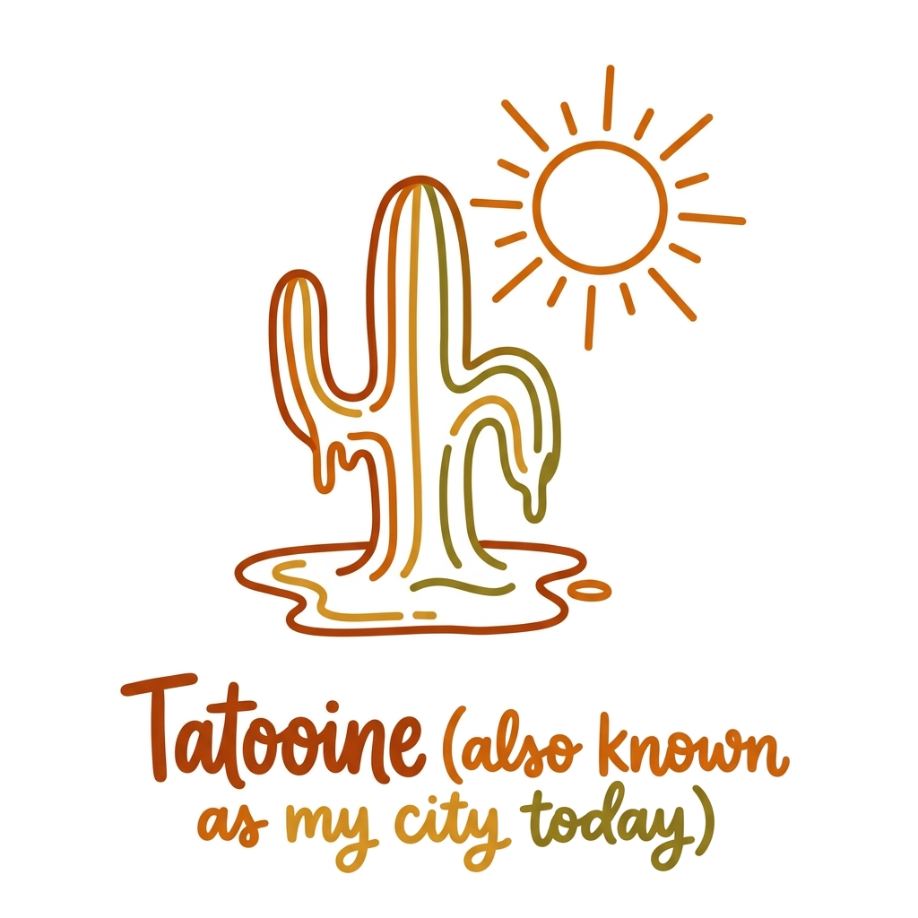 Custom sticker: A minimalist line drawing of a melting sun-baked cactus with the words "Tatooine (also known as my ci...