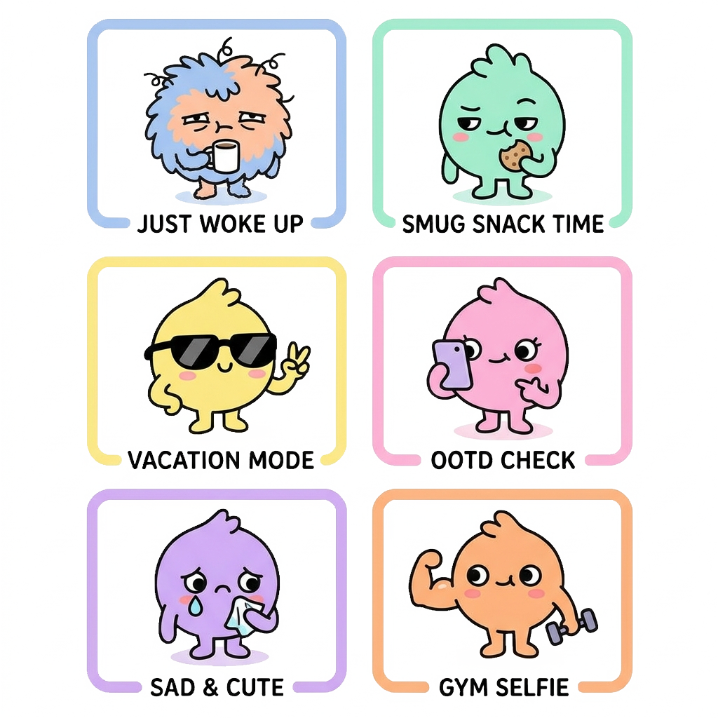 Custom sticker: A pastel grid of tiny characters showing silly expressions like "just woke up" and "smug snack time" ...