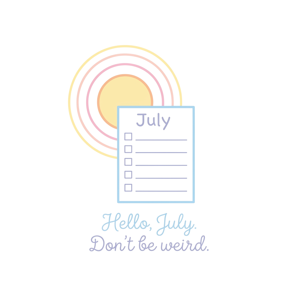 Custom sticker: A minimal line-art pastel sun setting behind a to-do list labeled 'July' with the words "Hello, July....