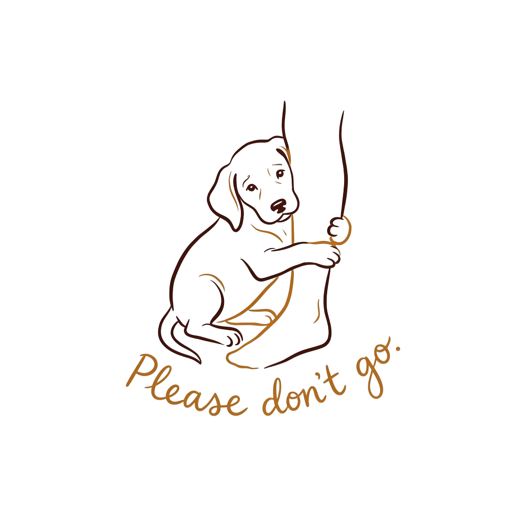Custom sticker: A minimalist line drawing of a floppy-eared pup hugging a leg, with the words "Please don’t go." hand...