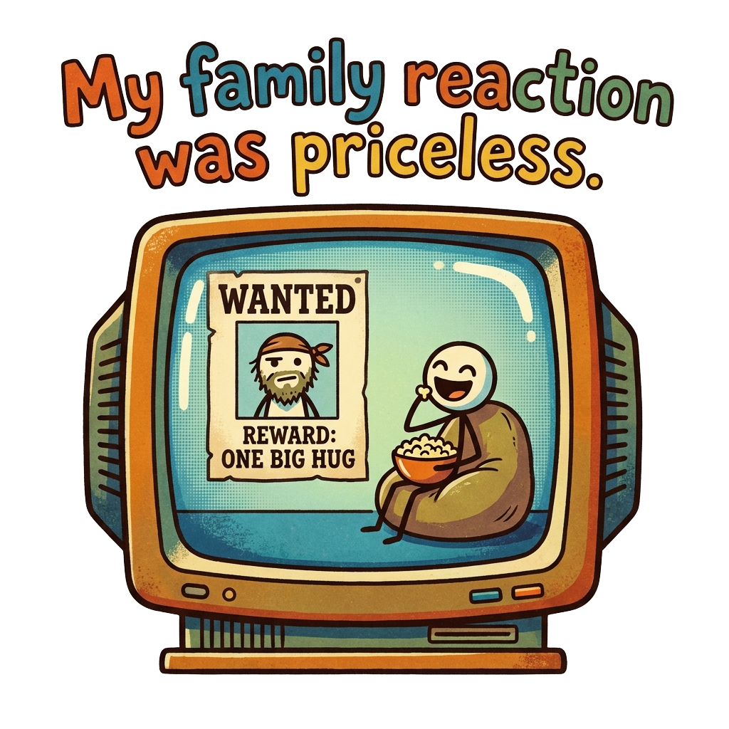 Custom sticker: A retro computer screen cartoon with a popcorn-eating stick figure watching a 'WANTED' poster of them...