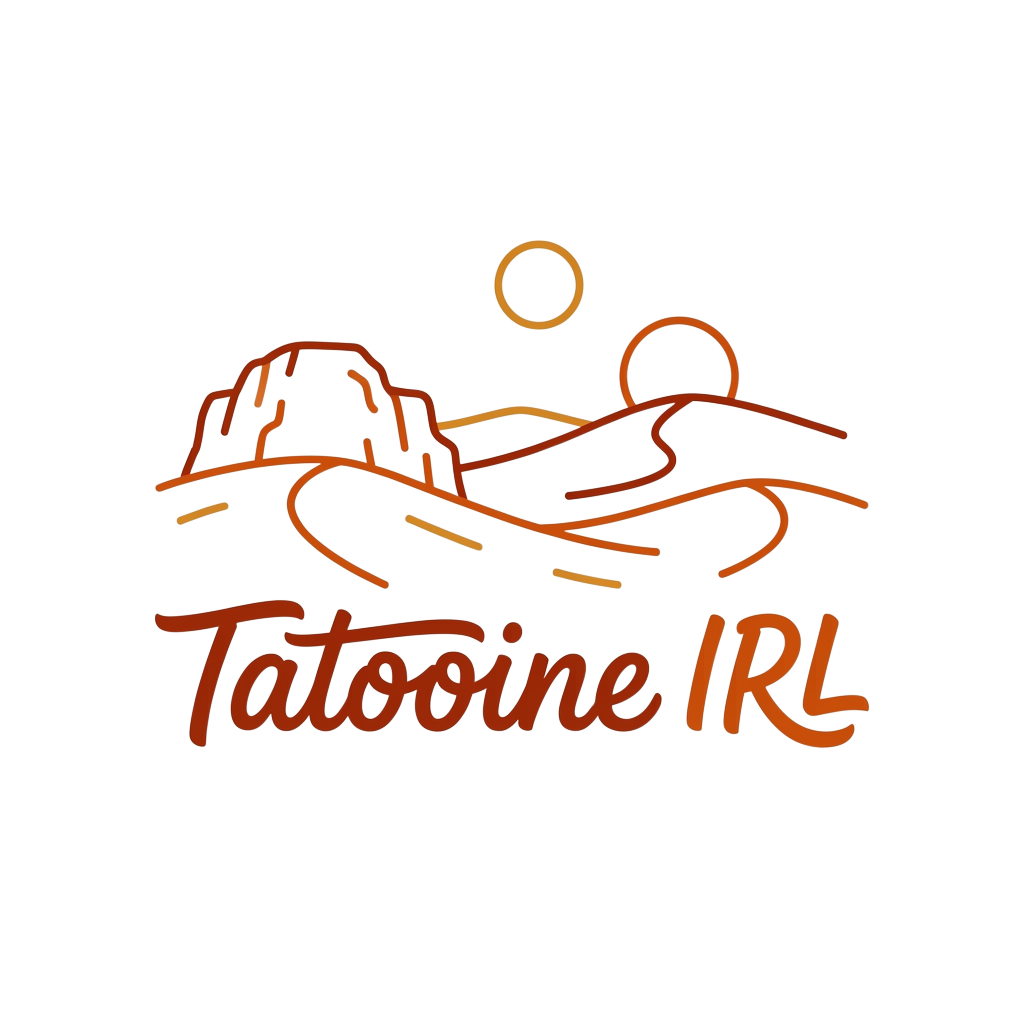Custom sticker: A minimalist line-art depiction of a desert landscape under twin suns, with the words "Tatooine IRL" ...