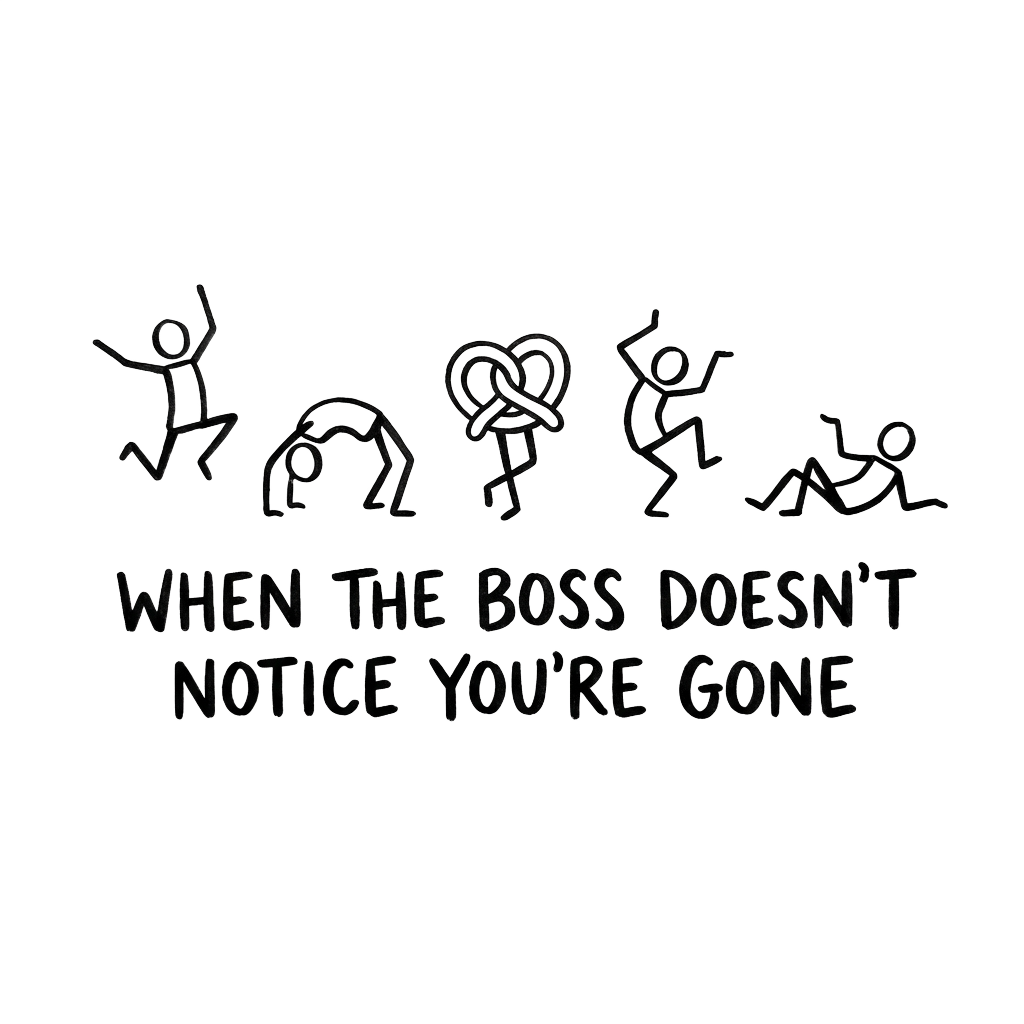 Custom sticker: A static row of minimalist stick-figure coworkers dancing in exaggerated poses, with the words "When ...