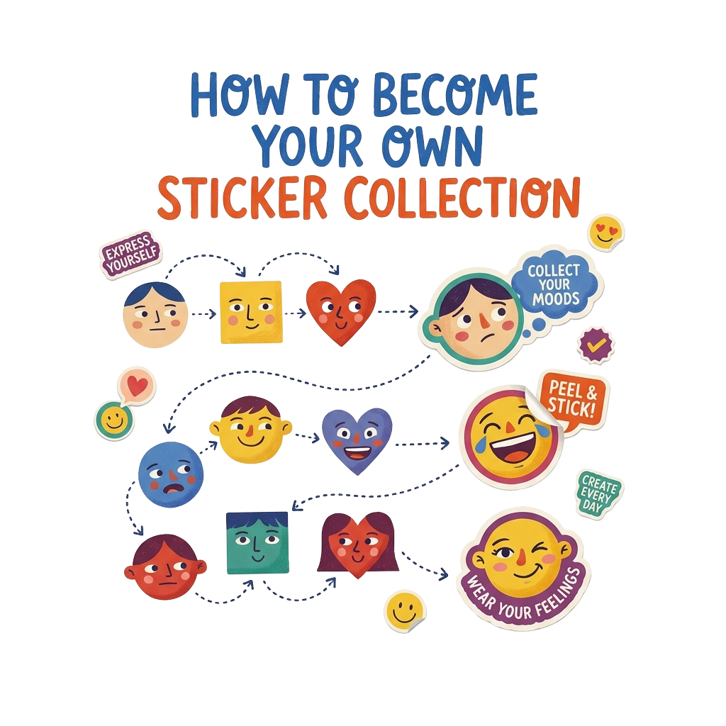 Custom sticker: An illustration portraying a guide that reads "How to become your own sticker collection" with multip...