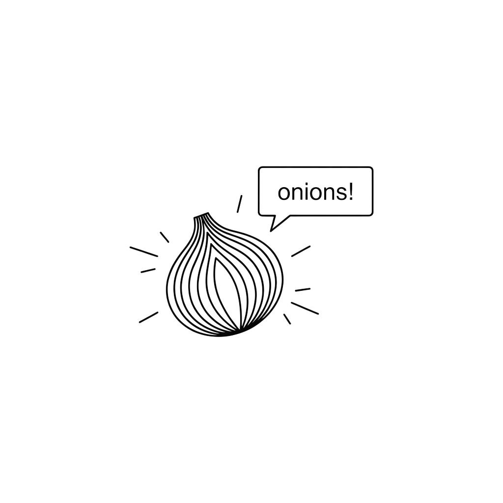 Custom sticker: A minimalist line drawing of an onion with a deadpan speech bubble saying "onions!", with tiny motion...