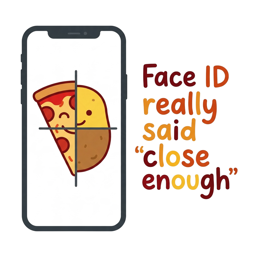 Custom sticker: A minimalist phone outline showing a half-scanned face, like a pizza slice or potato, alongside the w...