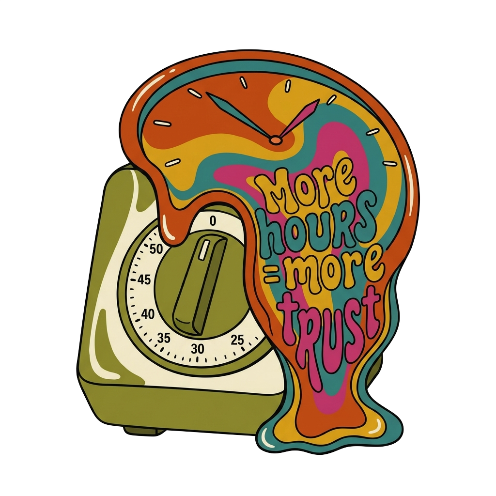 Custom sticker: A retro analog clock melting over a timer, with the words "More hours = more trust" hand-lettered in ...