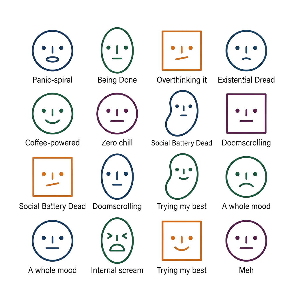 Custom sticker: A grid of blank character faces labeled with witty attributes like "Panic-spiral" and "Being Done," p...