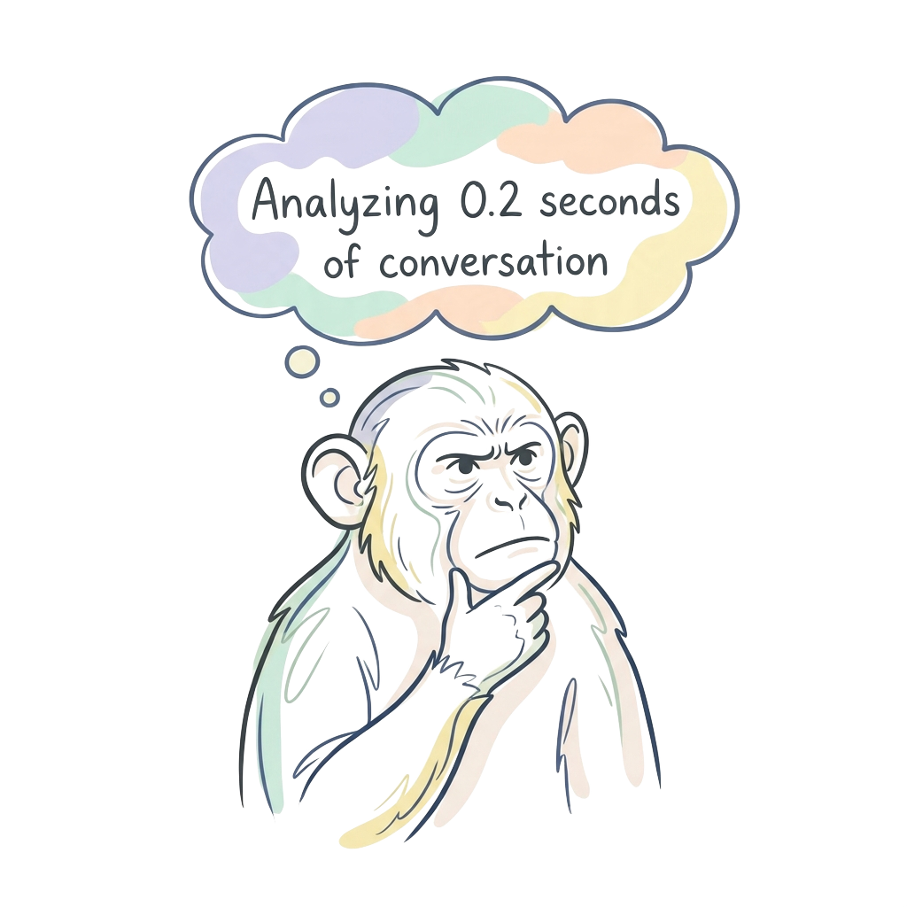 Custom sticker: A gentle line art of a thinking monkey with a pastel thought bubble stating "Analyzing 0.2 seconds of...