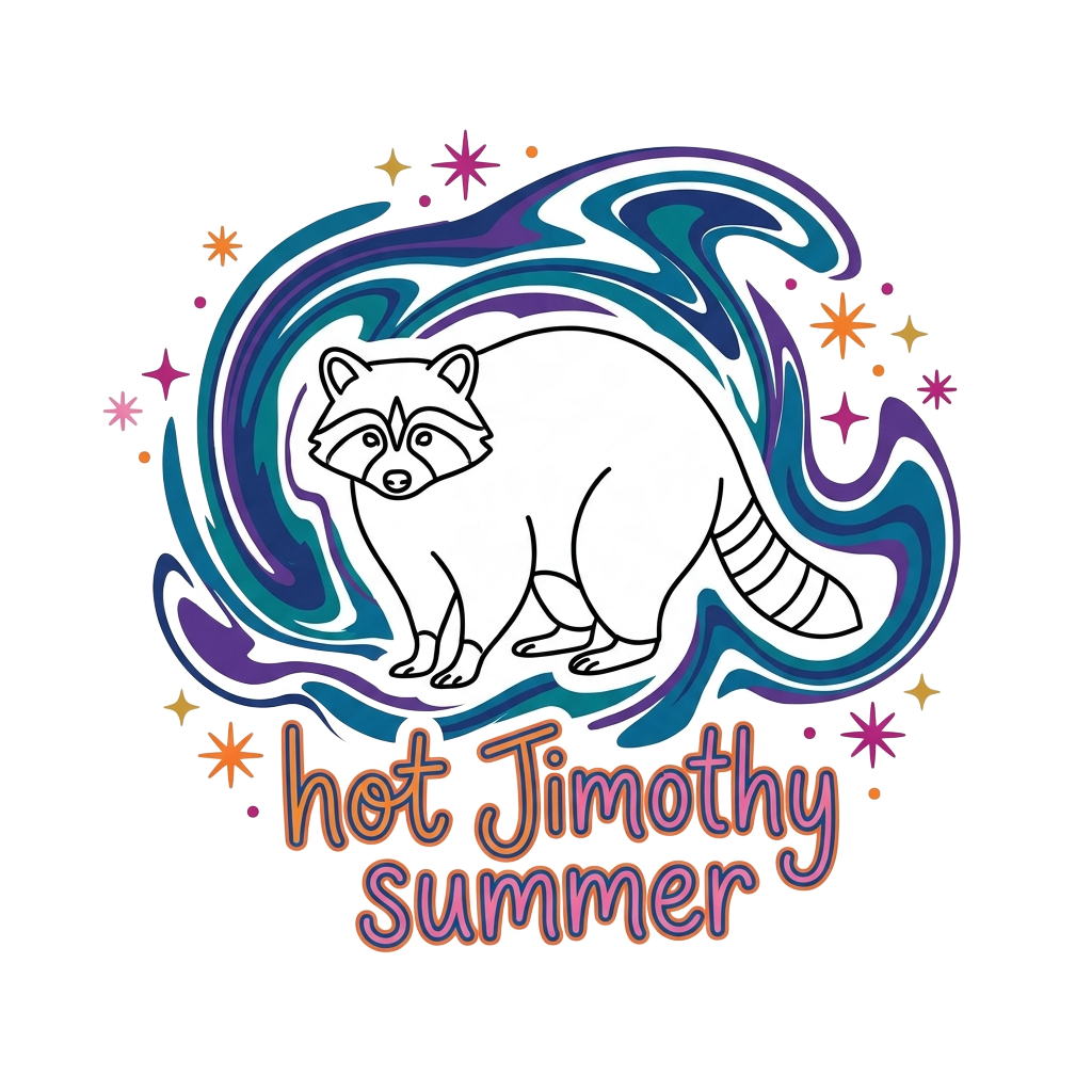 Custom sticker: A minimalist line art raccoon with a cucoloris swirl background and Y2K sparkle, featuring the words ...