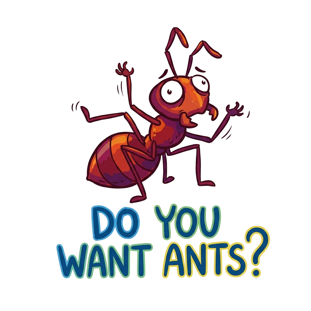 Custom sticker: A cartoon-style ant with wide eyes and a panicky expression, with the words "Do you want ants?" hand-...