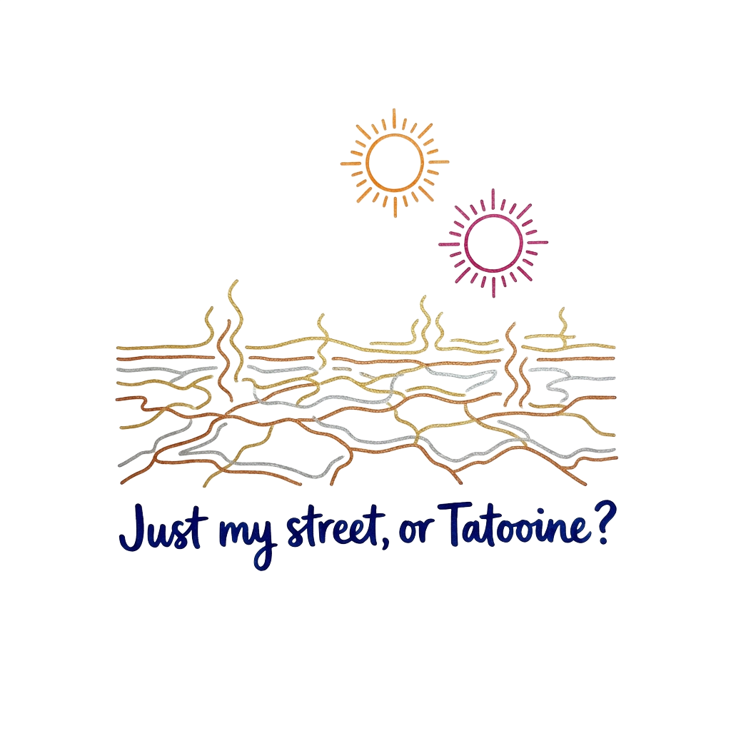 Custom sticker: A minimalist line-drawing of cracked, shimmering pavement with twin suns in a bright color palette, w...