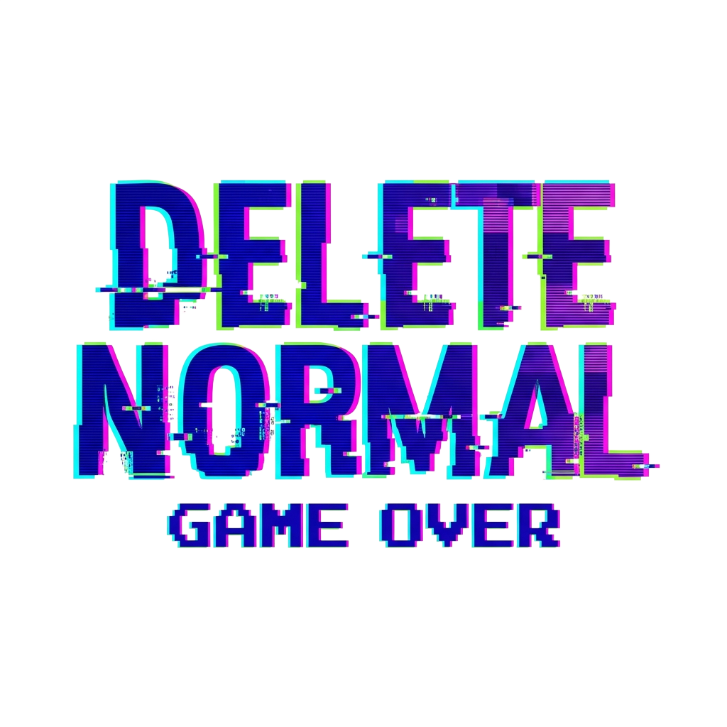 Custom sticker: Bold, chunky retro-Y2K lettering spelling “DELETE NORMAL” with slight glitch distortion, complemented...