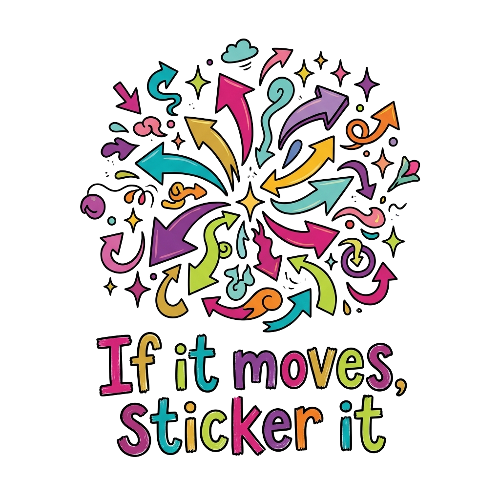 Custom sticker: An absurdly maximalist scene with arrows, sparkles, and floating elements in bright colors, featuring...