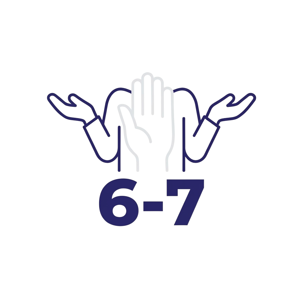 Custom sticker: A ghost-white minimalist hand shrugging with the words "6-7" in bold sans serif below, embodying a de...