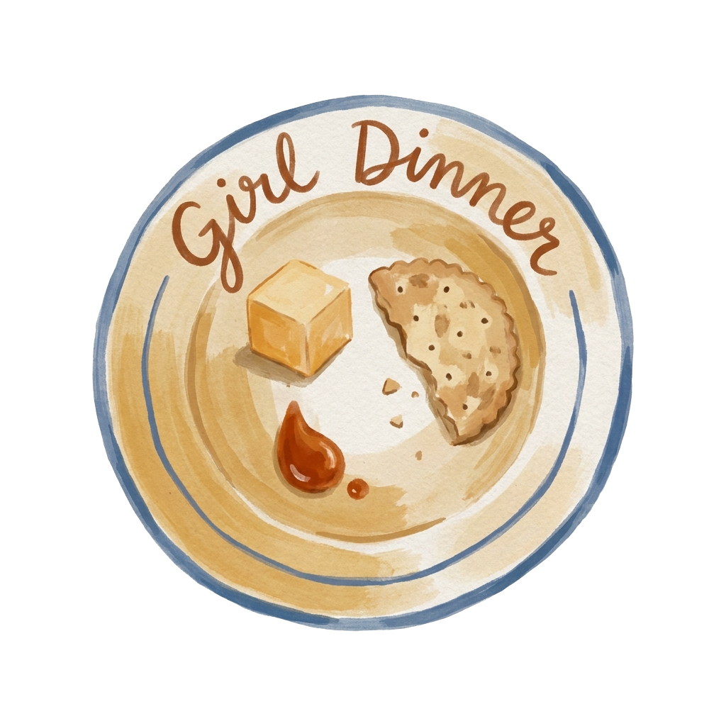 Custom sticker: A simplistic plate filled with a cheese cube, half-cracker, and hot sauce droplet, with the words "Gi...