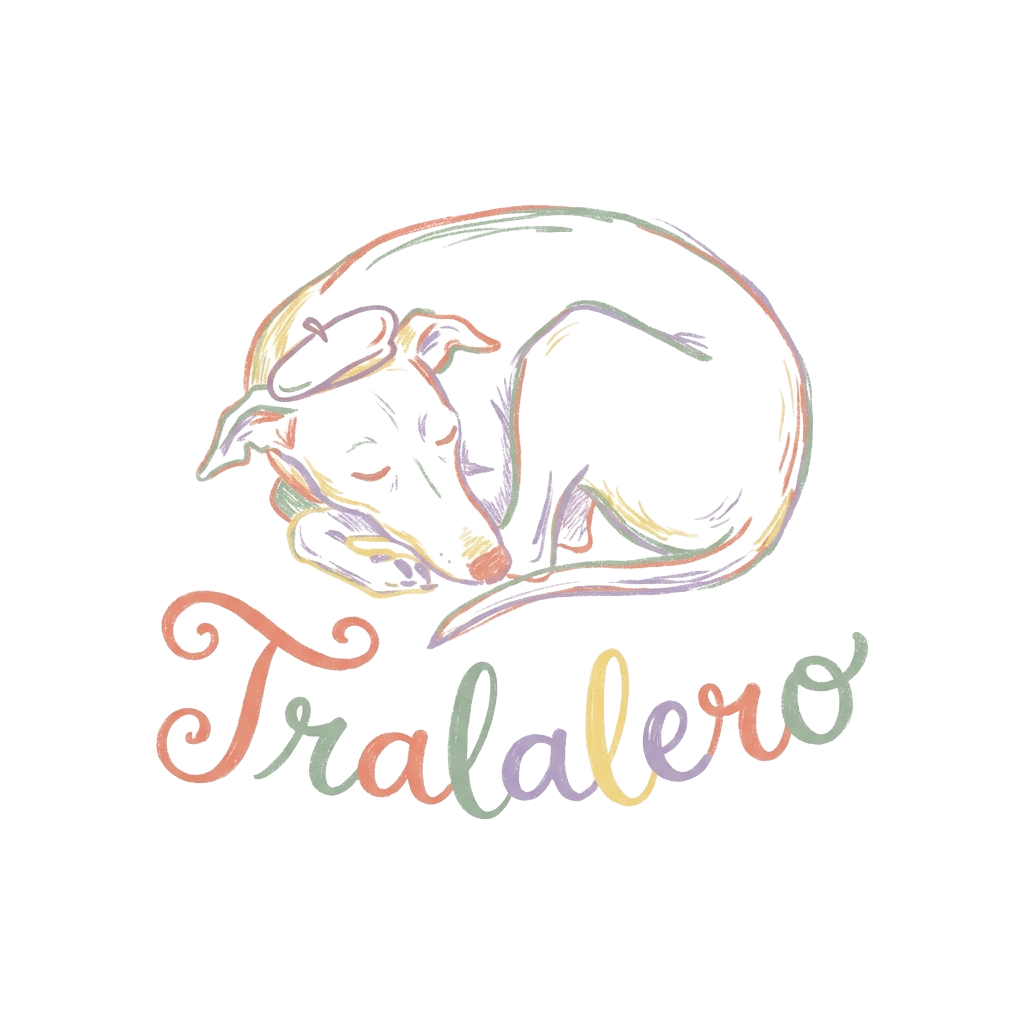 Custom sticker: A pastel-lined doodle of a sleepy Italian greyhound in a tiny beret with the words "Tralalero" hand-l...