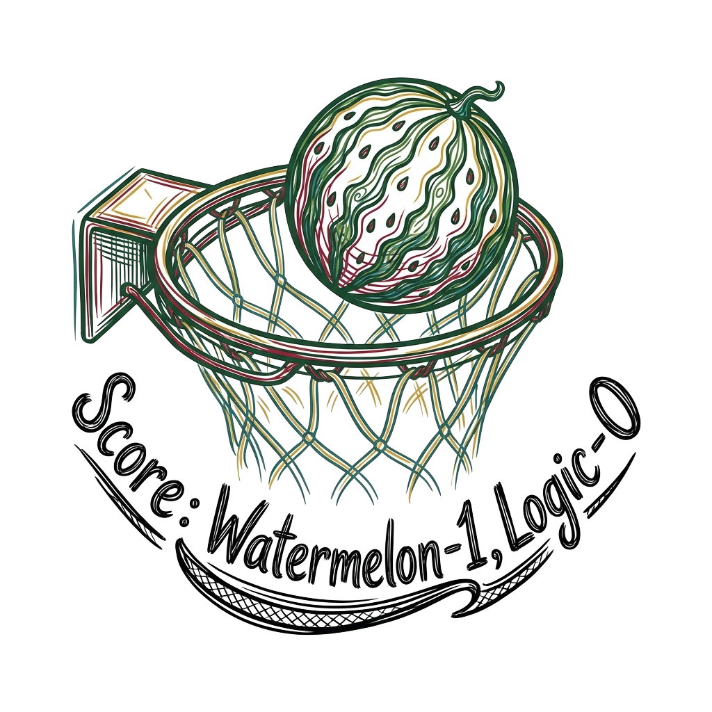 Create a line-art mini watermelon mid-air with a hoop, with the words "Score: Watermelon-1, Logic-0" hand-lettered across the bottom in bold correctly-spelled type.