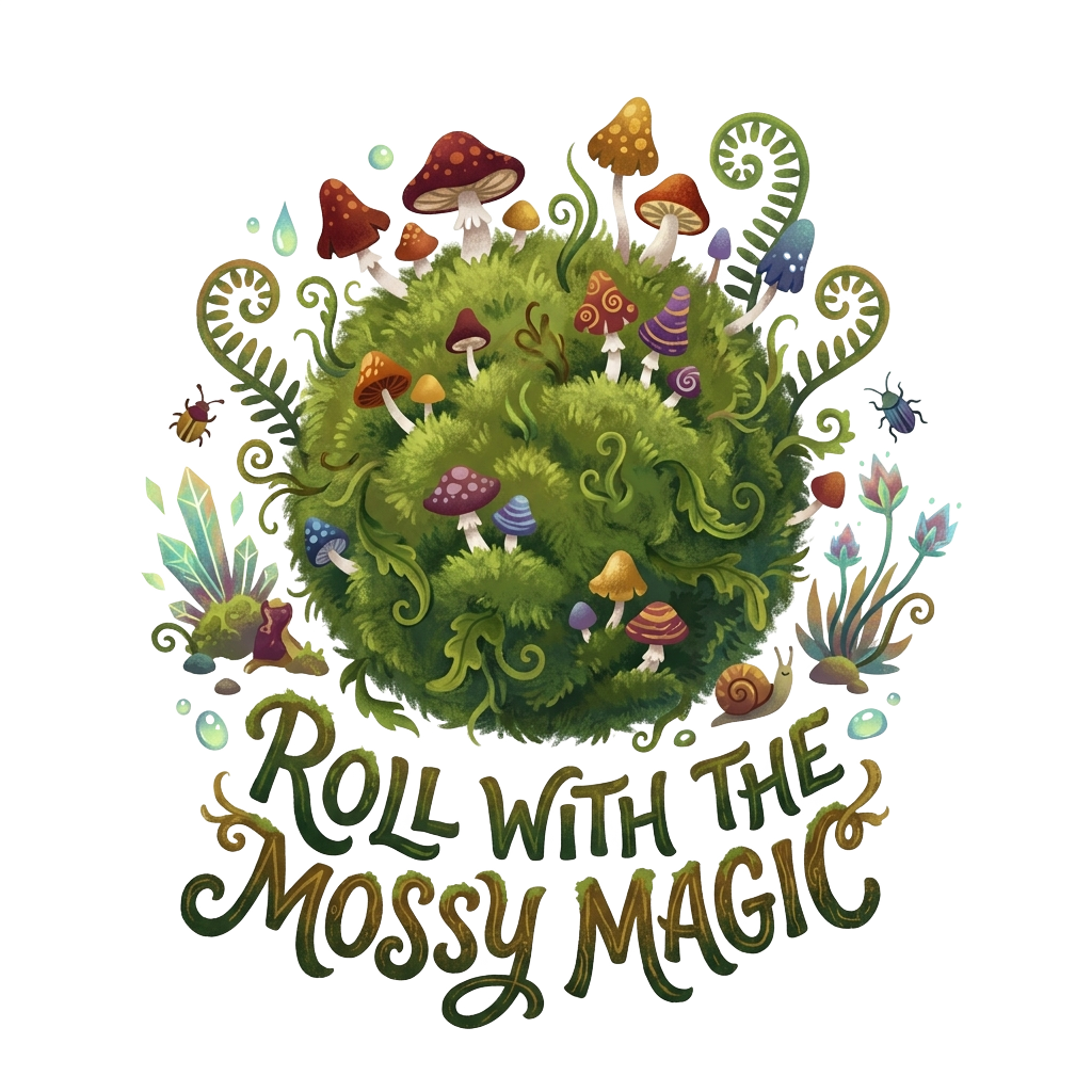 Illustrate a fuzzy moss ball with tiny mushrooms in a whimsical setting, with the words "Roll with the mossy magic" hand-lettered across the bottom in bold correctly-spelled type.