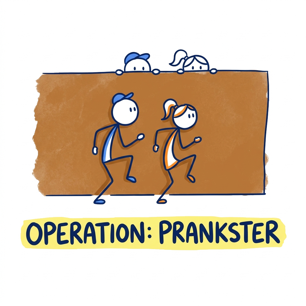 Illustrate two stick-figure siblings tiptoeing behind a wall, with the words "Operation: Prankster" hand-lettered across the bottom in bold correctly-spelled type.
