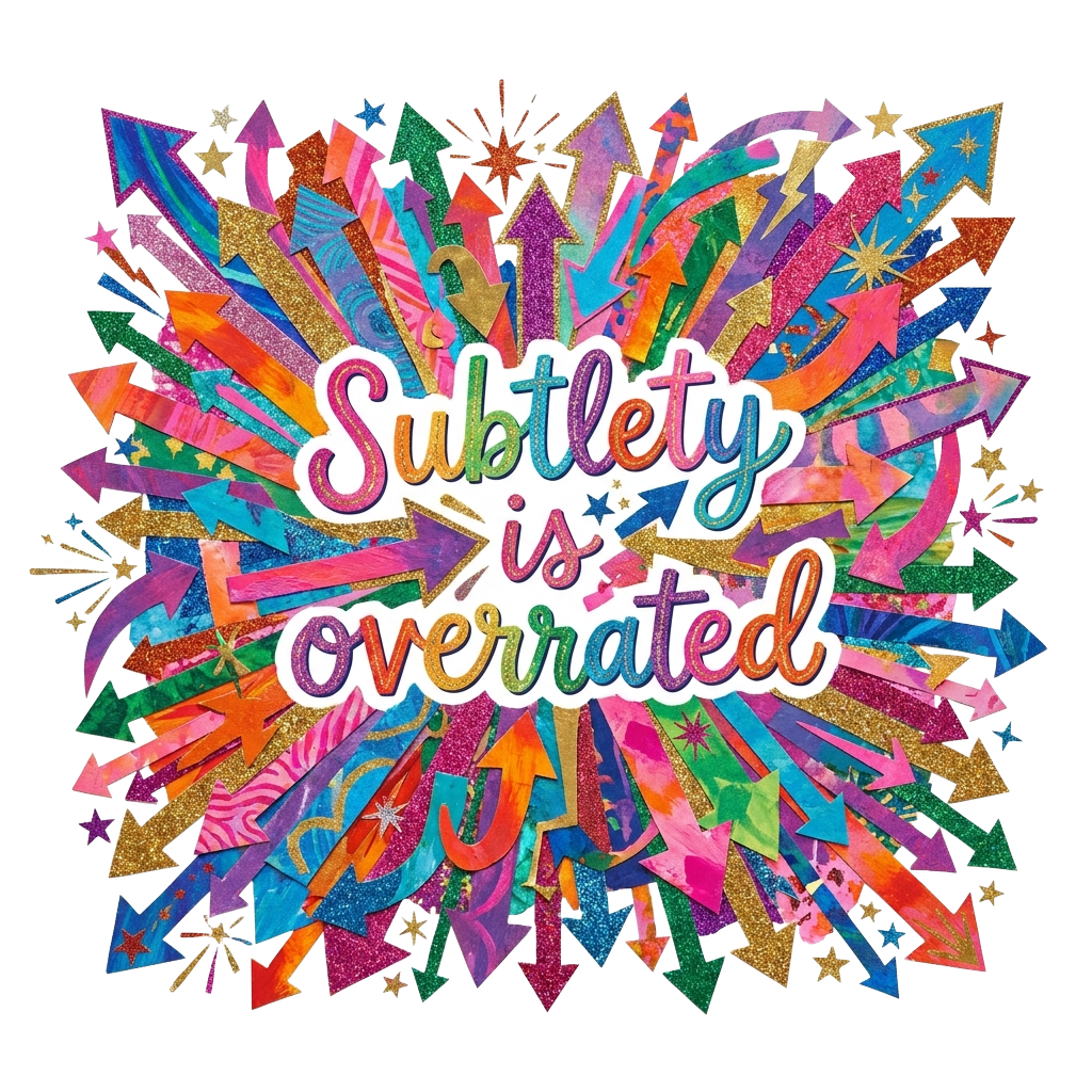 A colorful, chaotic collage of arrows and sparkles in a maximalist style, with the words 'Subtlety is overrated' hand-lettered in a playful font. Bright, energetic palette.