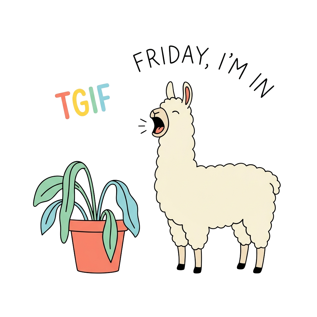 A casual, minimalist illustration of a slumped office plant next to a button that says 'TGIF,' with the words 'Friday, I’m in' above a yawning llama. Light and celebratory colors.