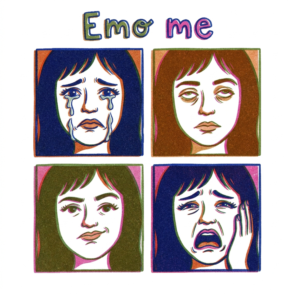 Create a mini grid of facial expressions from one selfie in riso print style, with the words 'Emo me' hand-lettered at the top in a playful font. Subtle humor, relatable vibes.