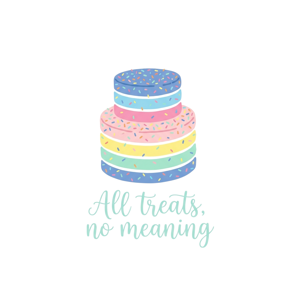 A small pastel cake sprinkled with rainbow sprinkles, with the words "All treats, no meaning" hand-lettered across the bottom in light, airy type.