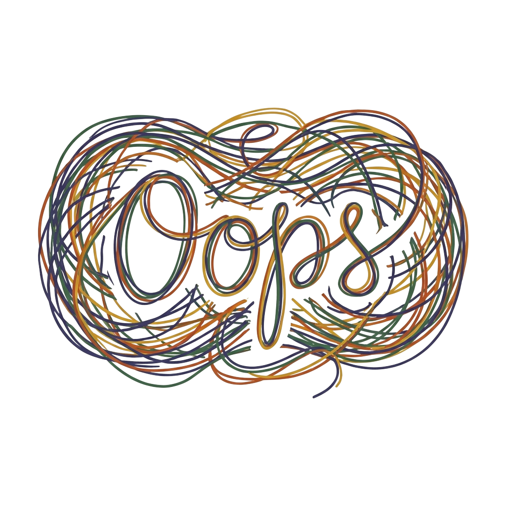 A hand-drawn skein of yarn with an unkempt look, featuring the words "Oops" written in a playful, casual style.