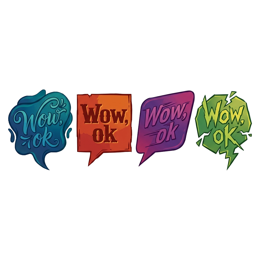 Four side-by-side speech bubbles with the words "Wow, ok" in different styles: swoopy script, block serif, italic, and jagged, showcasing various expressive tones.