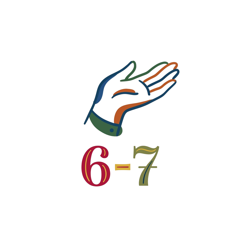 A minimal hand shrugging with the words "6‑7" hand-lettered in playful serif type, exuding mock-serious energy.