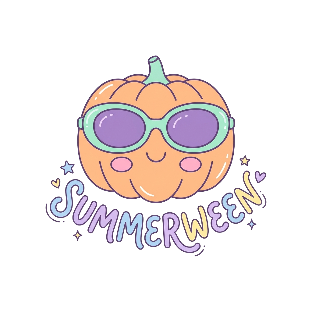 A kawaii jack-o-lantern wearing retro sunglasses with the words "Summerween" hand-lettered across the bottom in soft, Y2K line art.