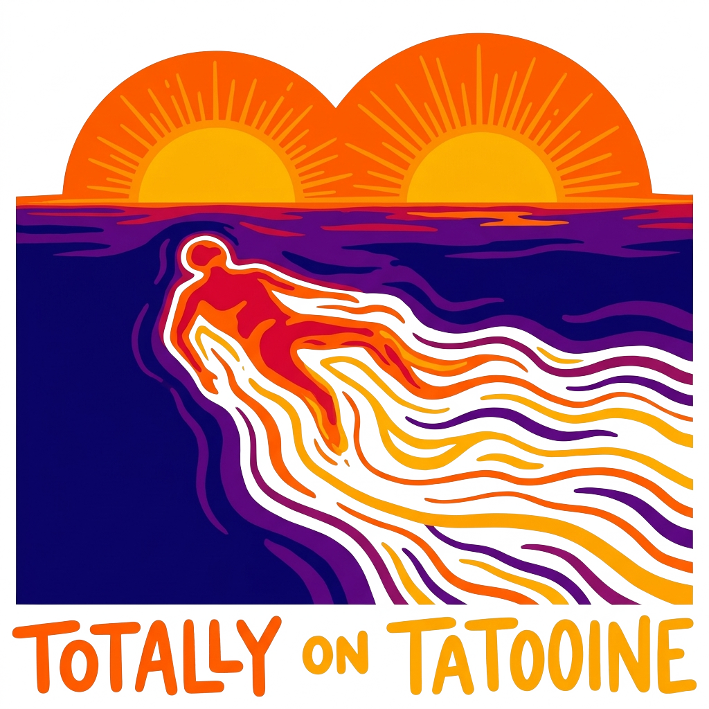 A minimalist thermal-camera style illustration of a person melting into heat waves, with twin suns rising overhead, featuring the words "Totally on Tatooine" hand-lettered across the bottom in bold correctly-spelled type.