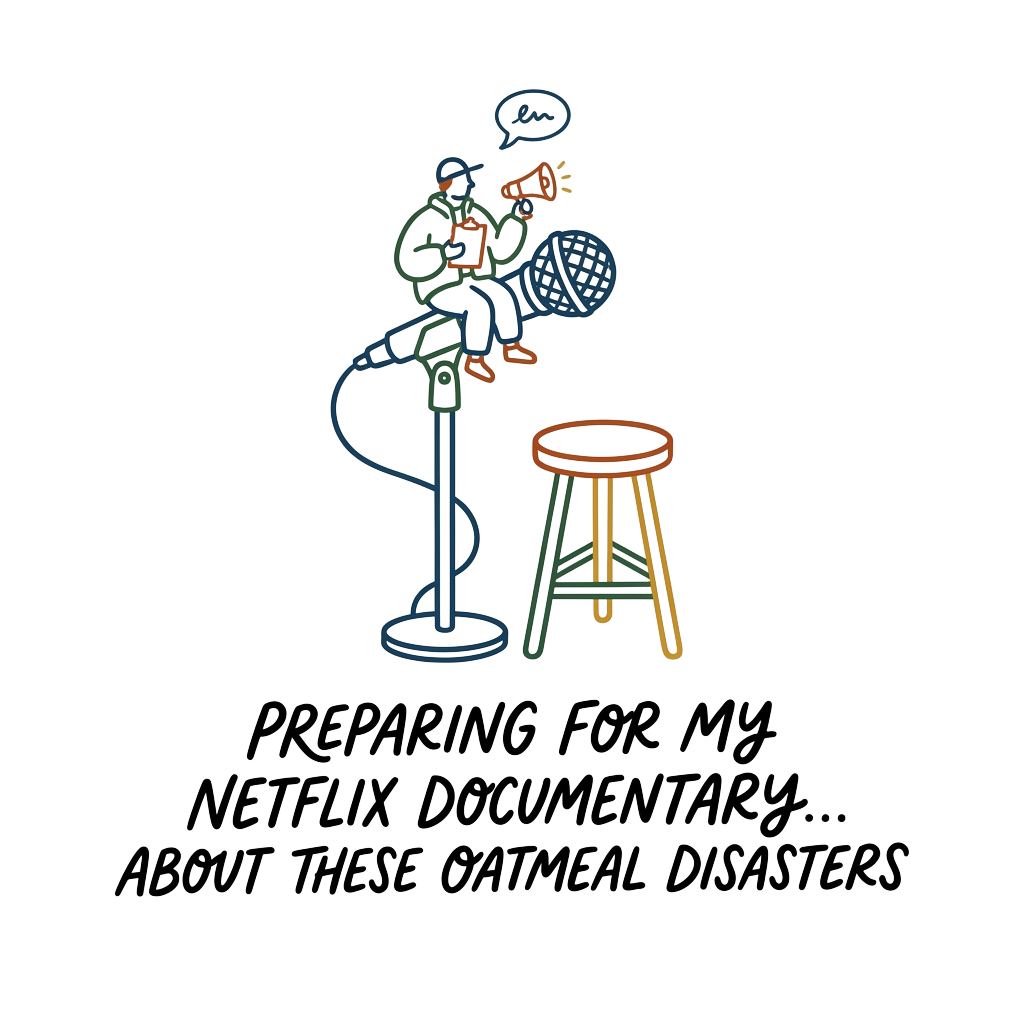 A minimalist line art illustration of a microphone and chair setup, with a tiny figure doing a mock-serious mic check, featuring the words "Preparing for my Netflix documentary... about these oatmeal disasters" hand-lettered across the bottom in bold correctly-spelled type.