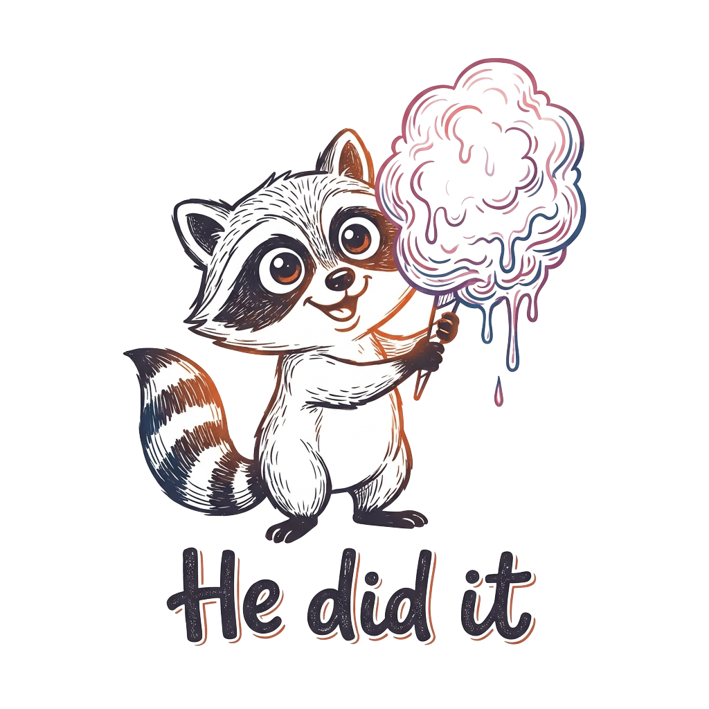A cute line drawing of a raccoon with large eyes happily holding a melting cotton candy cloud above its head, featuring the words "He did it" hand-lettered across the bottom in bold correctly-spelled type.