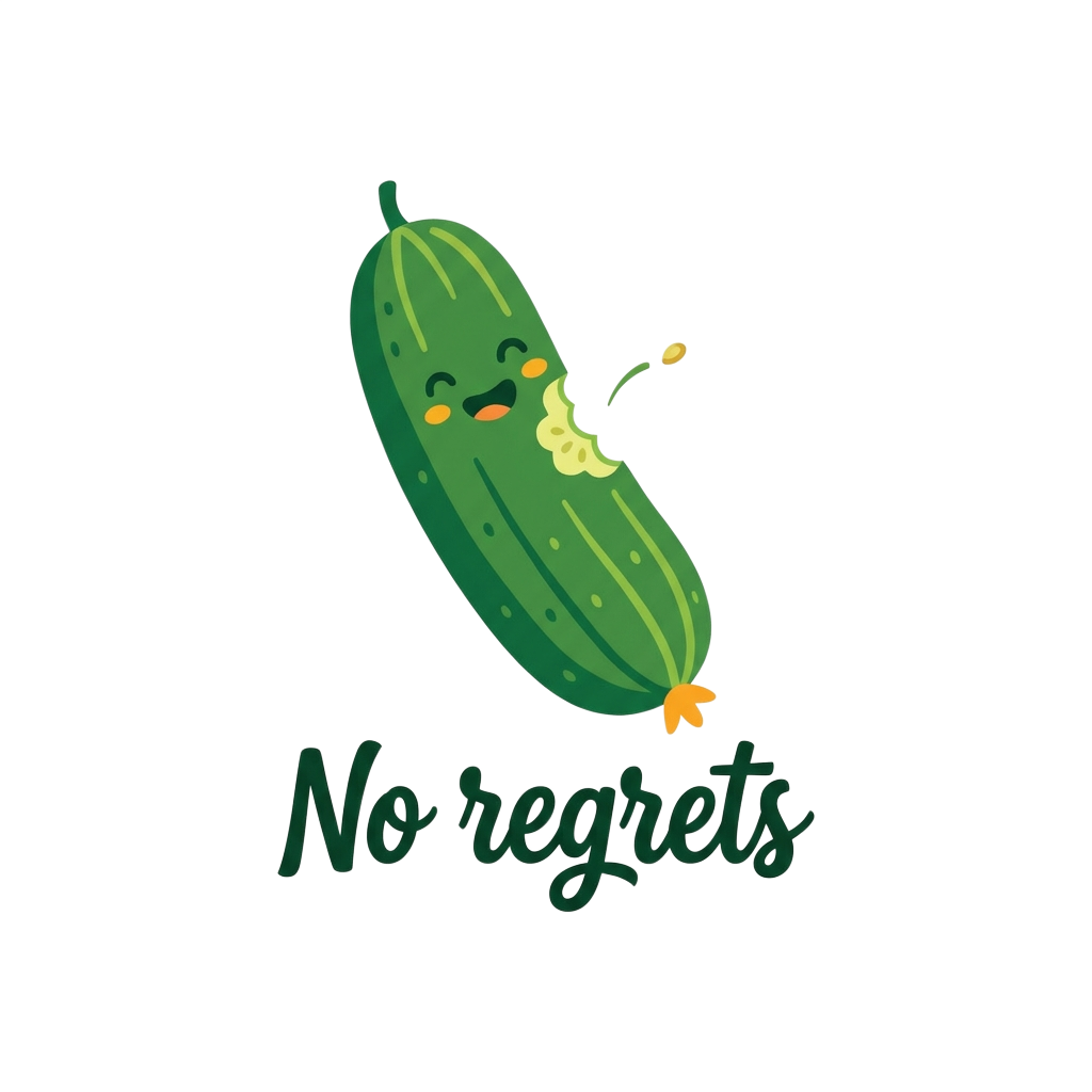 A cheerful cucumber character mid-bite with a tiny seed flying out, minimalist style, with the words "No regrets" hand-lettered across the bottom in bold correctly-spelled type.
