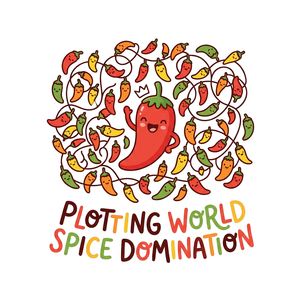 A chaotic string of tiny chili peppers with one oversized happy chili character waving joyfully, in a vibrant kawaii style, with the words "Plotting world spice domination" hand-lettered across the bottom in bold correctly-spelled type.