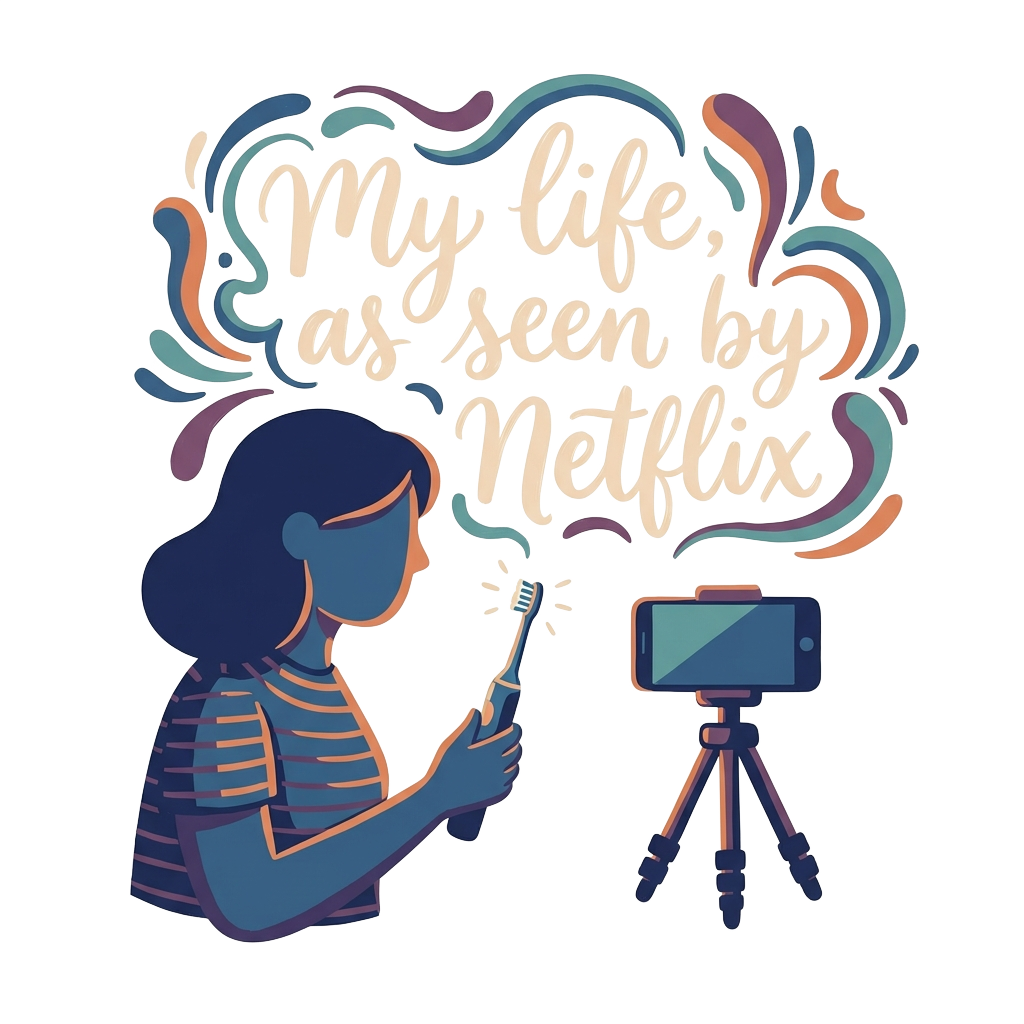A mini tripod and phone next to a person in profile holding an electric toothbrush, with the words "My life, as seen by Netflix" hand-lettered above in soft script.