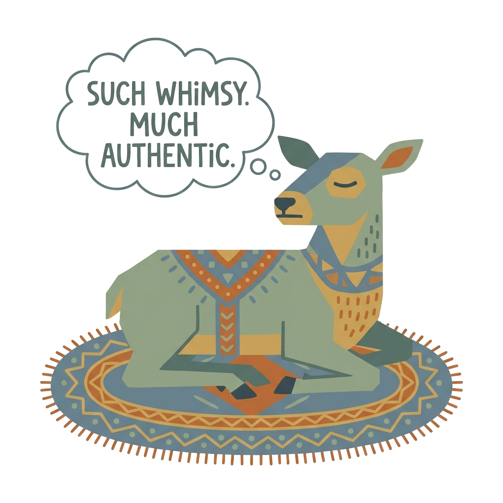 An illustration of a flat, deadpan sleeping deer, capturing the essence of irony and critique on the 'whimsy' trend, with a muted color palette. Render it with a straightforward yet whimsical style.